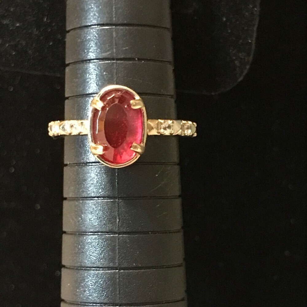Gold Tone Red Stone and Crystal Banded Ring Size 7